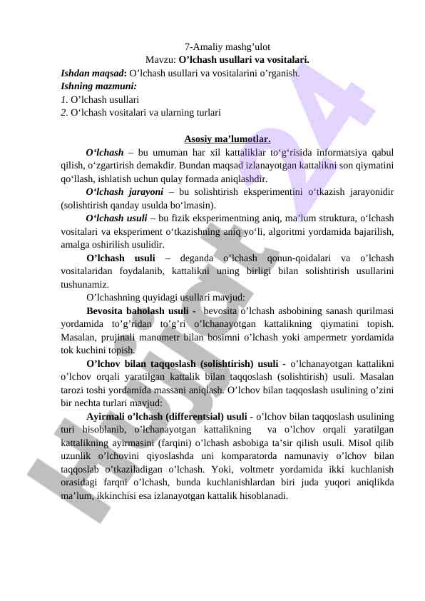 O'lchash usullari va vositalari