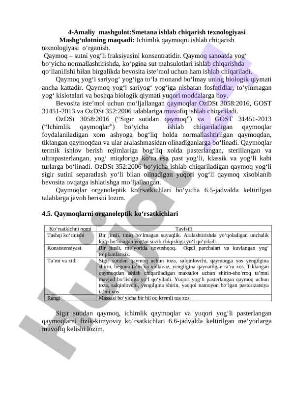 Smetana ishlab chiqarish texnologiyasi o‘rganish