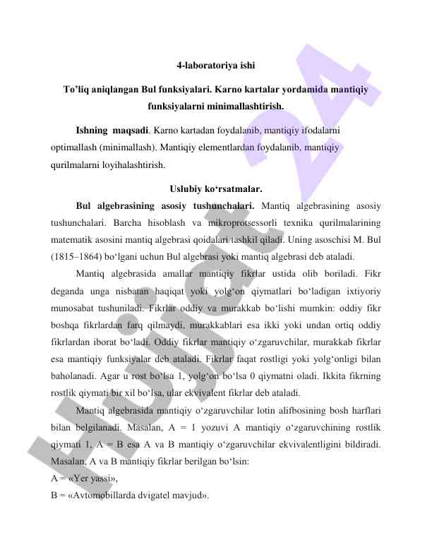 Bul funktsiyalari va karno kartalar yordamida minimallashtirish