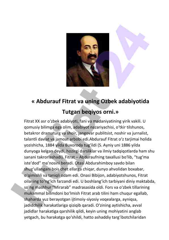 Abdurauf fitratning ozbek adabiyotidagi o'rni