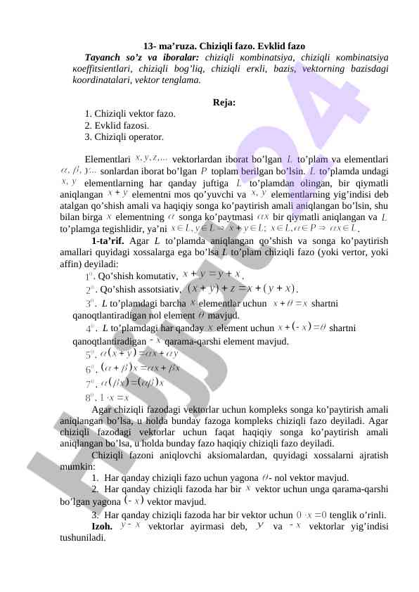 Chiziqli Fazo Va Evklid Fazosi Bo'yicha Ma'ruza