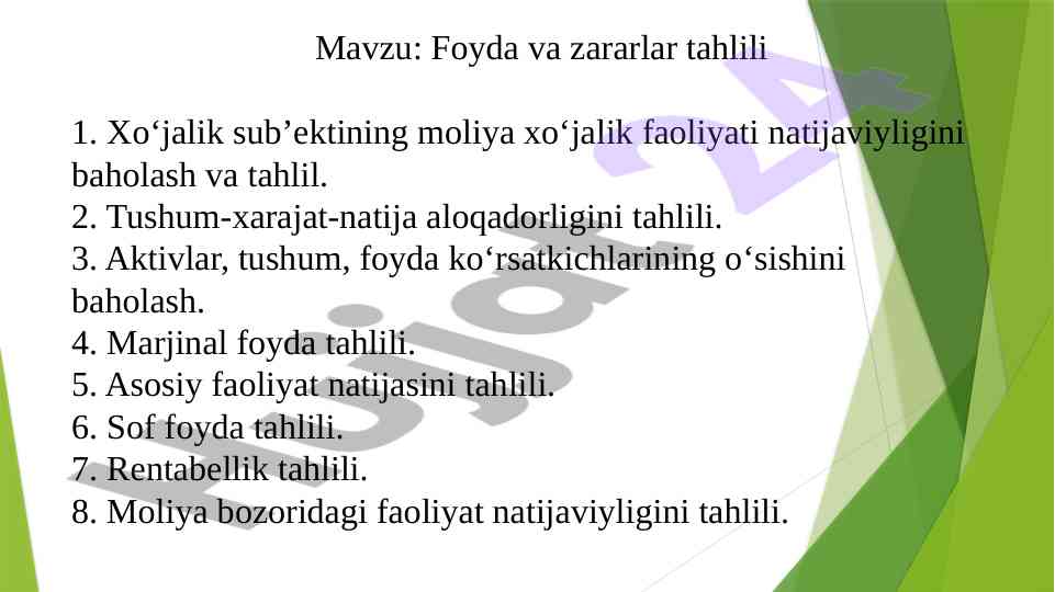 Foyda va zararlar tahlili moliya faoliyati