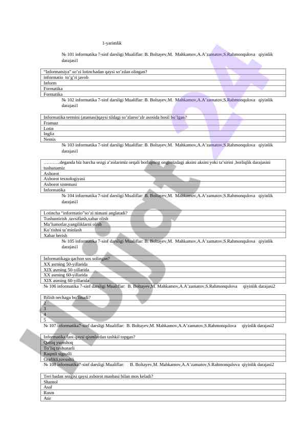 Informatika 7-sinf darsligi qiyinlik darajalari