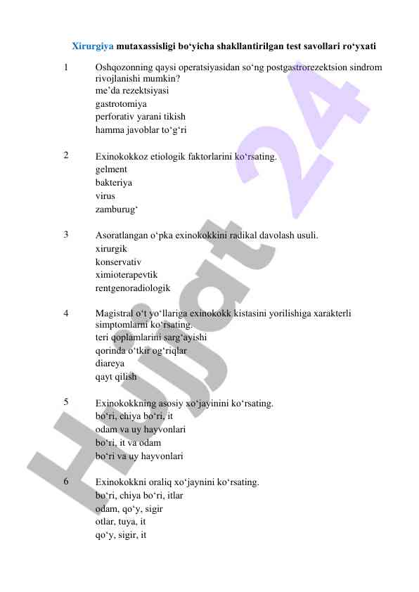 Xirurgiya test savollari ro'yxati