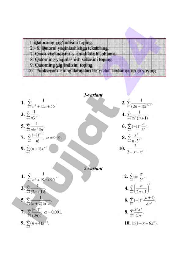 Matematika mavzulari bo'yicha test savollari