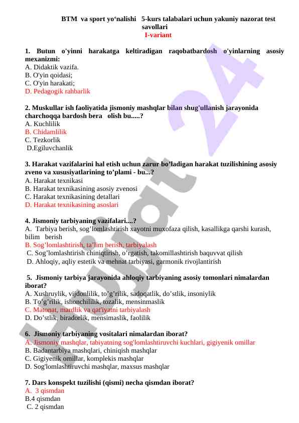 Yakuniy nazorat test savollari btm va sport yo'nalishi