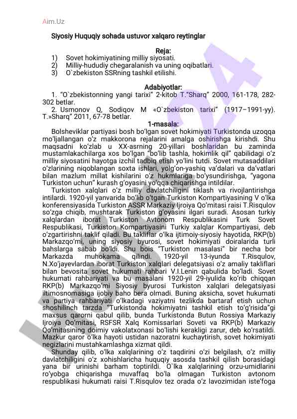 Sovet davlatining milliy siyosati va o‘zbekiston tarixi