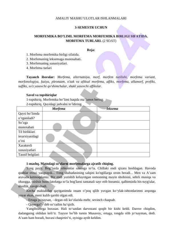 Amaliy mashg‘ulotlar ishlanmalari morfemika bo‘limi