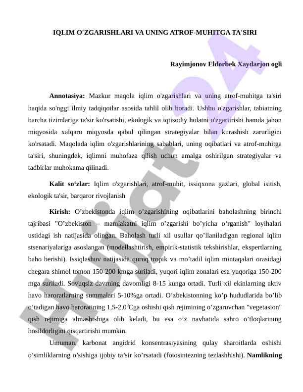 Iqlim O'zgarishlari Va Uning Atrof-Muhitga Ta'siri