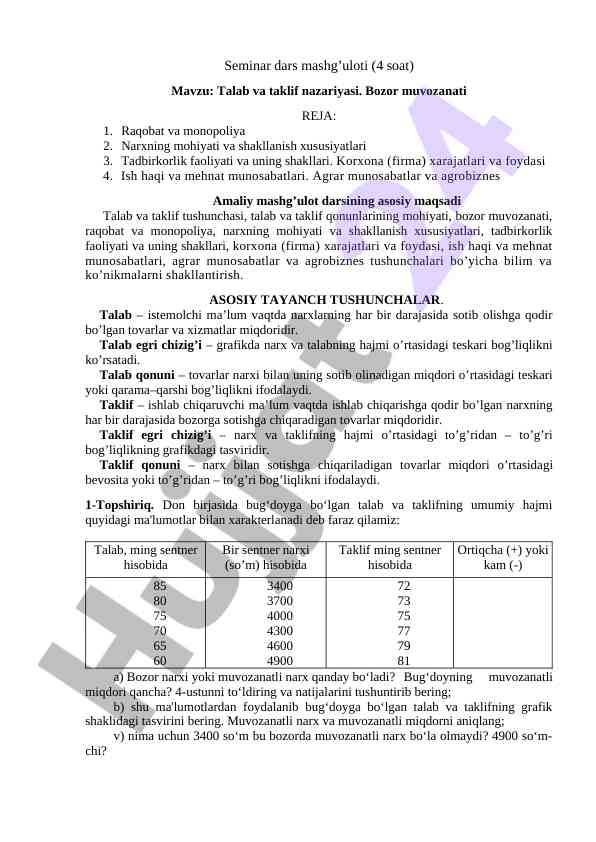 Talab va taklif nazariyasi bozor muvozanati seminar