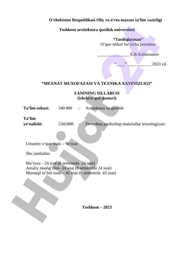 Mexnat muxofazasi va texnika xavfsizligi fanining sillabusi