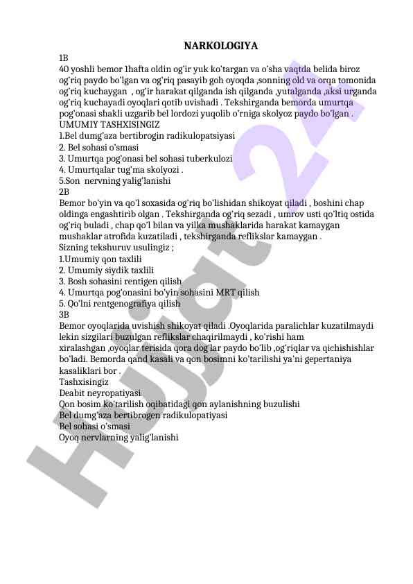Narkologiya diagnostikasi va bel sog‘liq masalalari