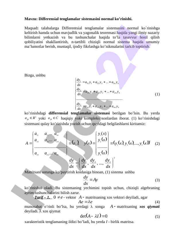 Differensial tenglamalar sistemasi va yagona teoremasi