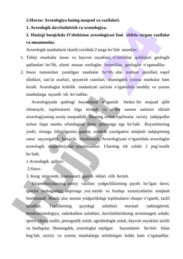 Arxeologiya fani: maqsadlar va vazifalar