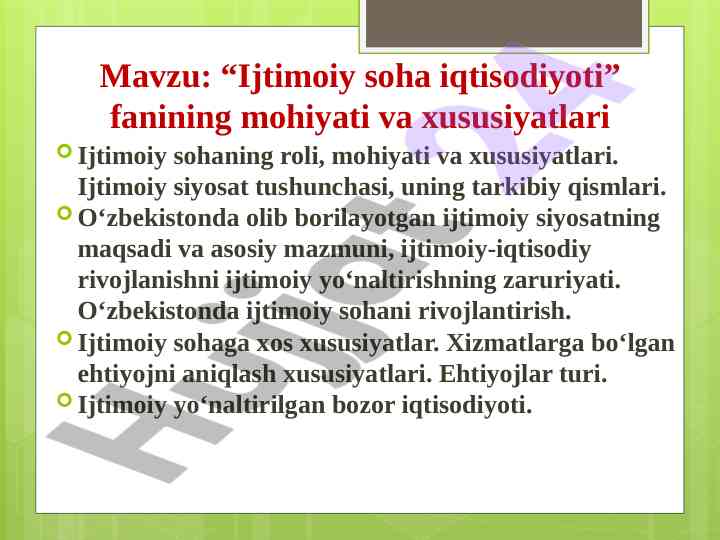 Ijtimoiy soha iqtisodiyoti va xususiyatlari tahlili