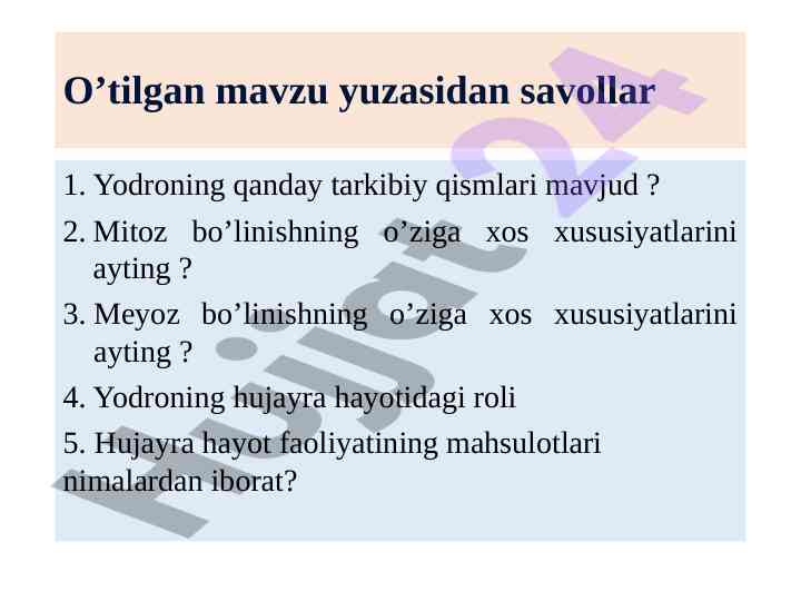 Yodroning tarkibiy qismlari va bo’linish xususiyatlari