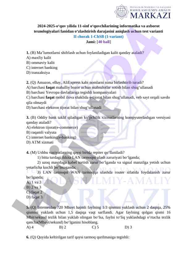 Informatika va axborot texnologiyalari test varianti