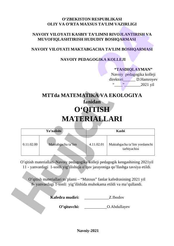 Matematika Va Ekologiya Fanidan O‘qitish Materiallari