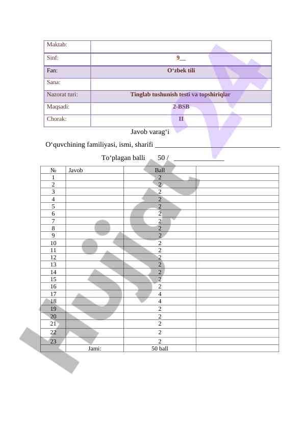 Tinglab tushunish testi g‘afur g‘ulom hikoyasi