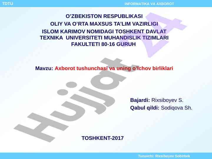 Axborot tushunchasi va uning o‘lchov birliklari