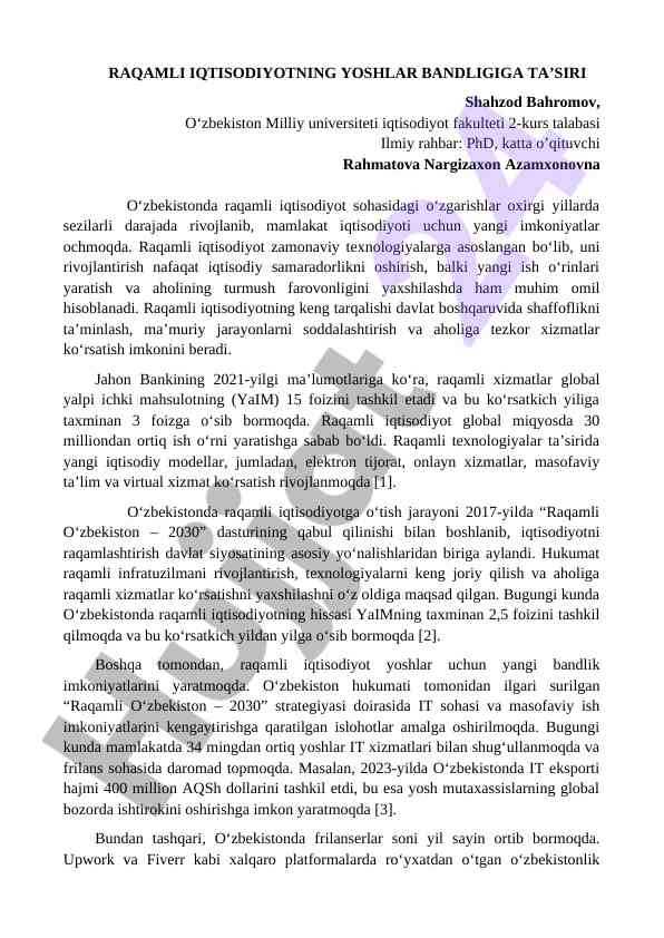 Raqamli iqtisodiyotning yoshlarga ta’siri