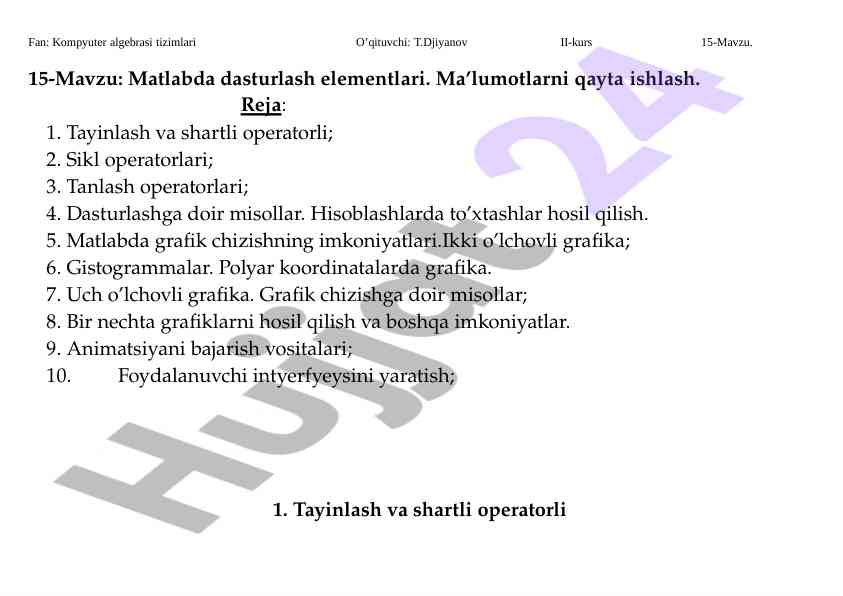 Matlab dasturlash elementlari uchun qo‘llanma