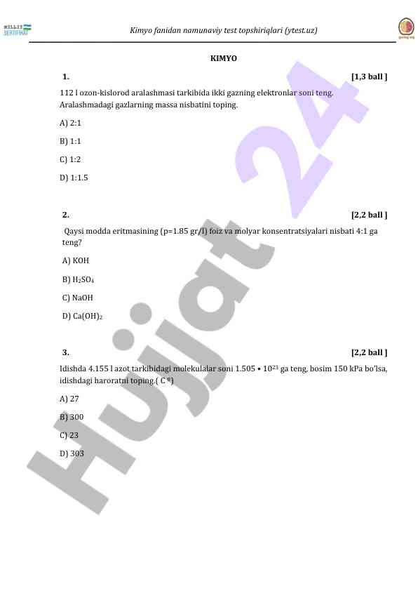 Kimyo fanidan namunaviy test topshiriqlari