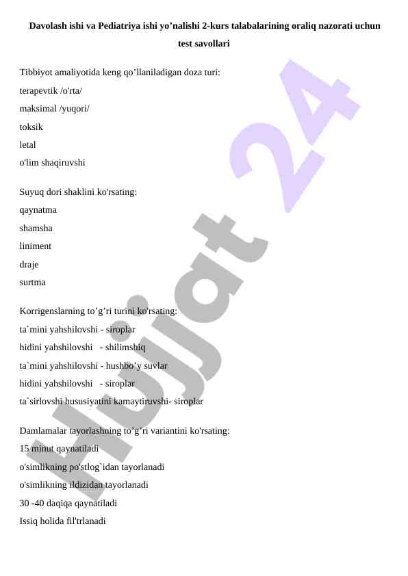 Test savollari davolash va pediatriya ishi yo’nalishi