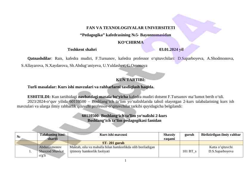Kurs ishlari mavzulari va rahbarlarini tasdiqlash