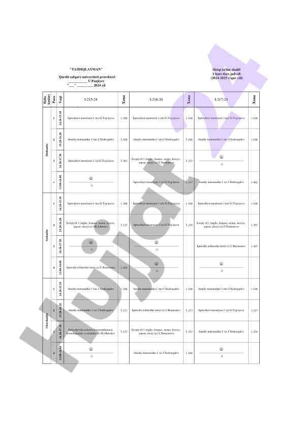 Magistratura 1-kurs dars jadvali 2024-2025 o‘quv yili
