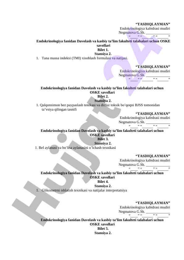 Endokrinologiya fanidan oske savollari biletlar