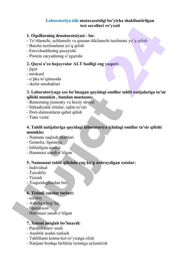 Test savollari laboratoriya ishlari uchun