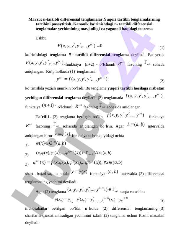 Yuqori tartibli differensial tenglamalar tahlili