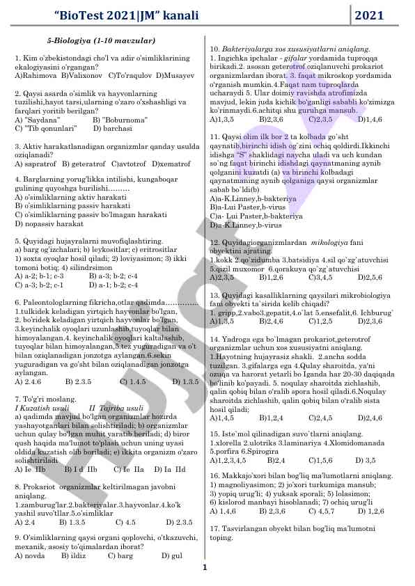 Biologiya testlari 2021 mavzulari