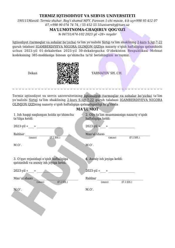 Nazariy o‘qish haftaligiga qatnashish ma'lumotnoması