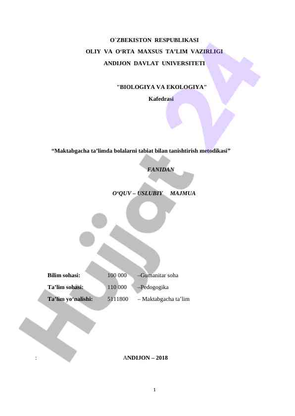 Maktabgacha ta’limda tabiat bilan tanishtirish metodikasi
