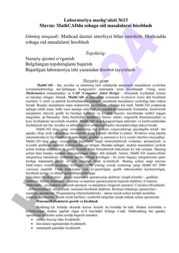 Mathcad dasturida masalalarni hisoblash