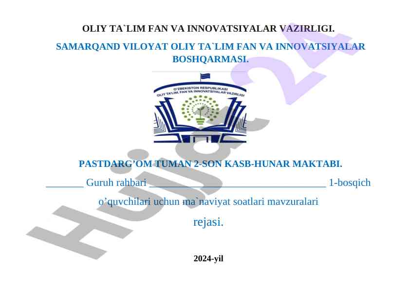 Ma'naviyat soatlarining mavzulari rejasi 2024
