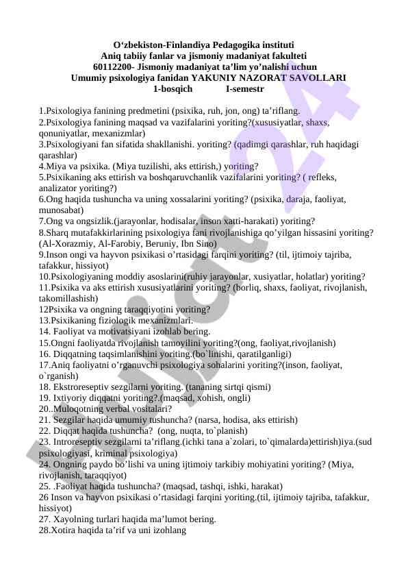 Umumiy psixologiya fanidan yakuniy nazorat savollari