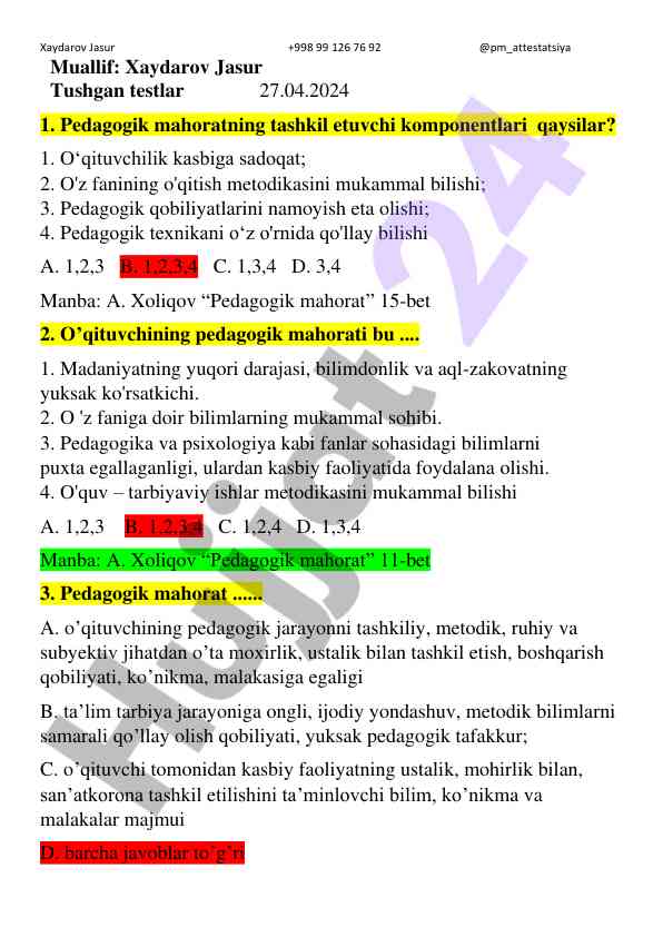 Pedagogik mahorat tashkil etuvchi komponentlar