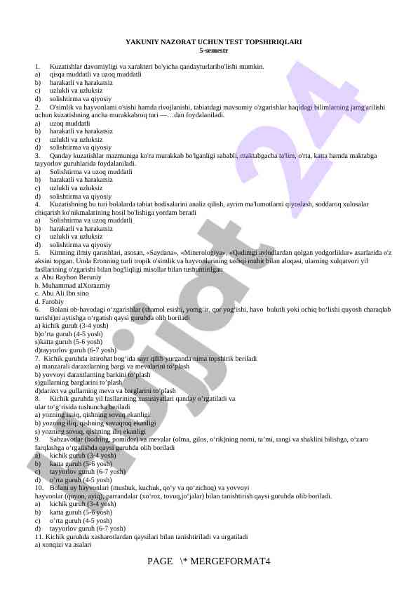 Yakuniy nazorat uchun test topshiriqlari 5-semestr