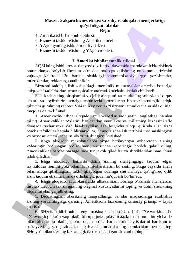Xalqaro biznes etikasi va menejerlar talablari