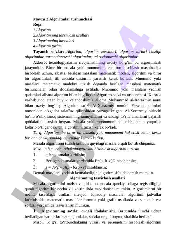 Algoritmlar tushunchasi va ularning turlari