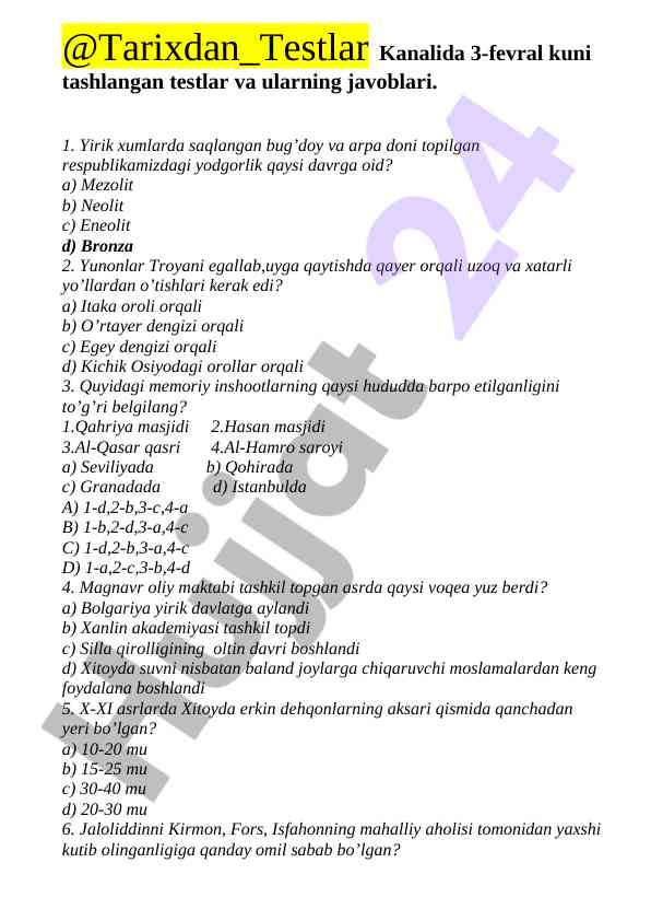Tarix testlari va javoblari 3 fevral 2023
