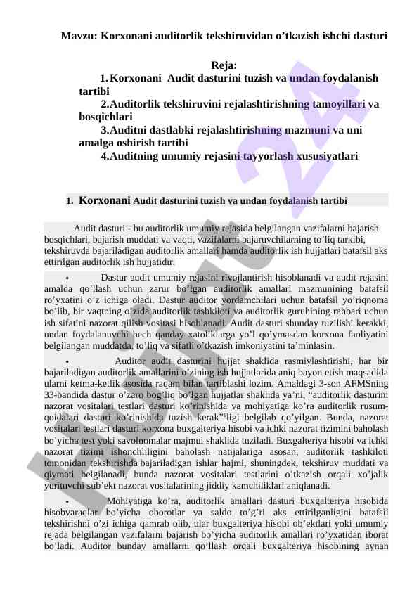 Korxonani auditorlik tekshiruvi ishchi dasturni tuziş