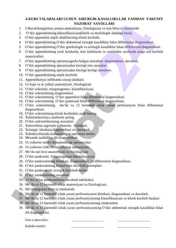 Xirurgik kasalliklar fanidan yakuniy nazorat savollari