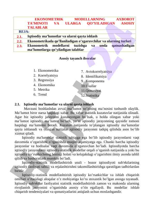 Iqtisodiy ma’lumotlar va ularni qayta ishlash