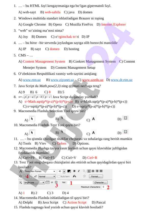 Html fayllar va brauzerlar haqida test savollari