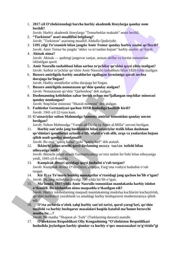 O‘zbek harbiy akademik litseylari to‘g‘risida savollar