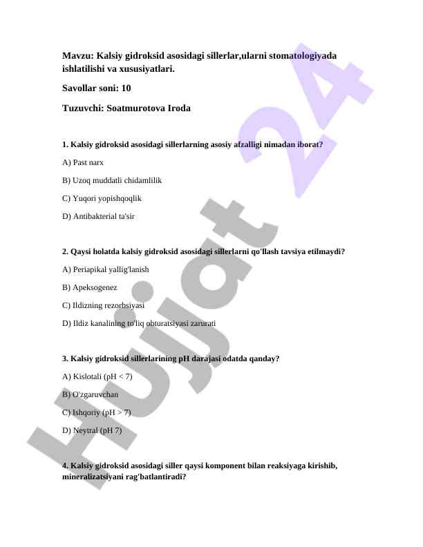 Kalsiy gidroksid asosidagi sillerlar va stomatologiya